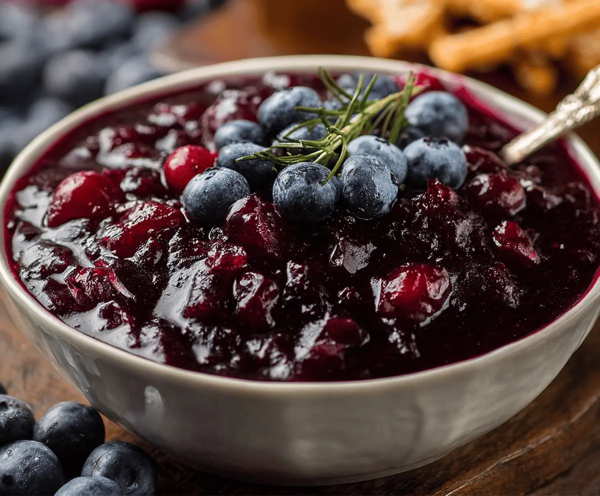 Fresh blueberries and cranberries in a bowl for homemade blueberry cranberry sauce.