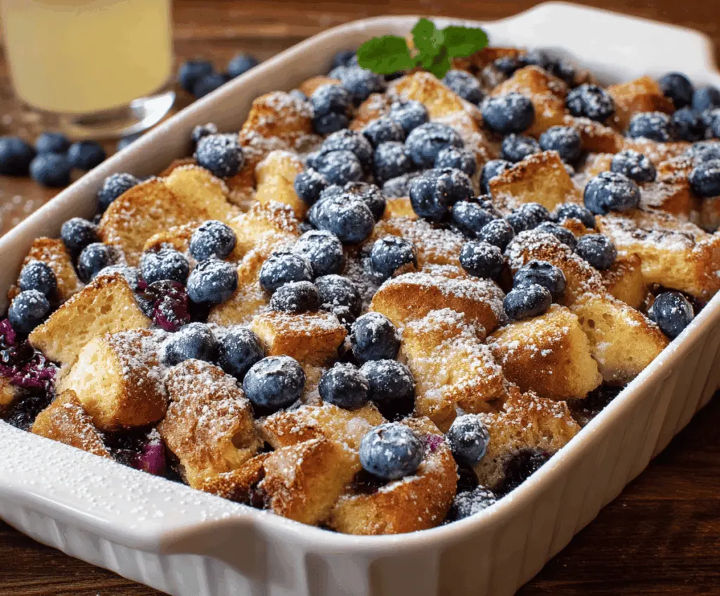 Delicious Blueberry French Toast Casserole topped with fresh blueberries and powdered sugar.