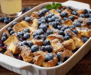 Delicious Blueberry French Toast Casserole topped with fresh blueberries and powdered sugar.