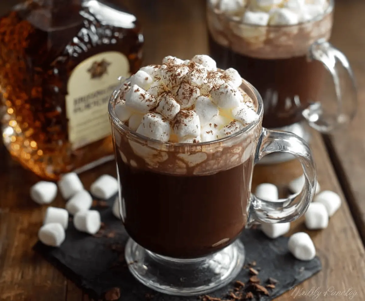Warm Bourbon Spiked Hot Chocolate topped with whipped cream and chocolate shavings, perfect for winter evenings.