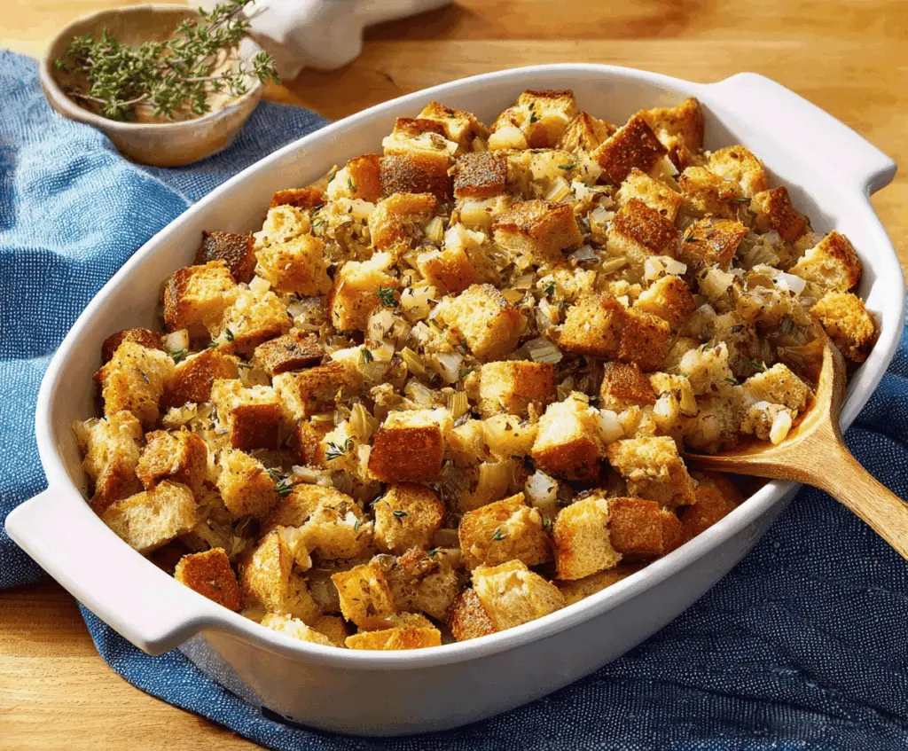 Delicious homemade bread stuffing with herbs and vegetables, perfect for holiday dinners.