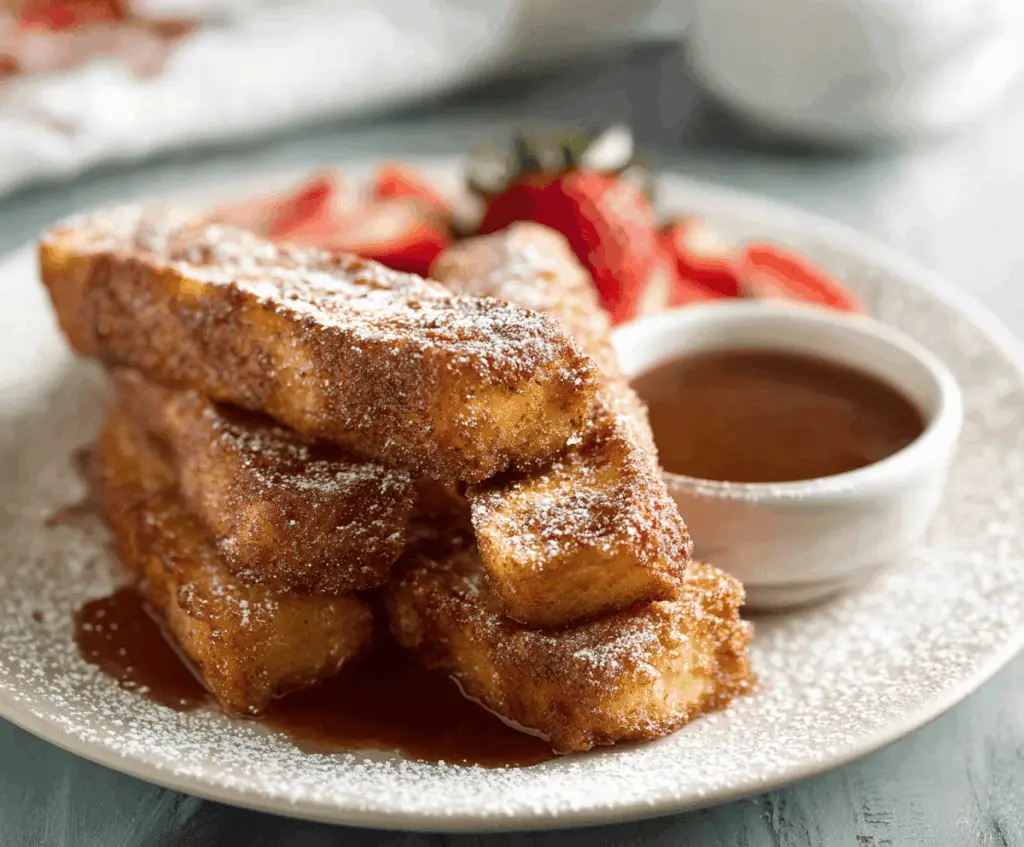 Delicious Breakfast French Toast Sticks served with syrup and fresh berries.