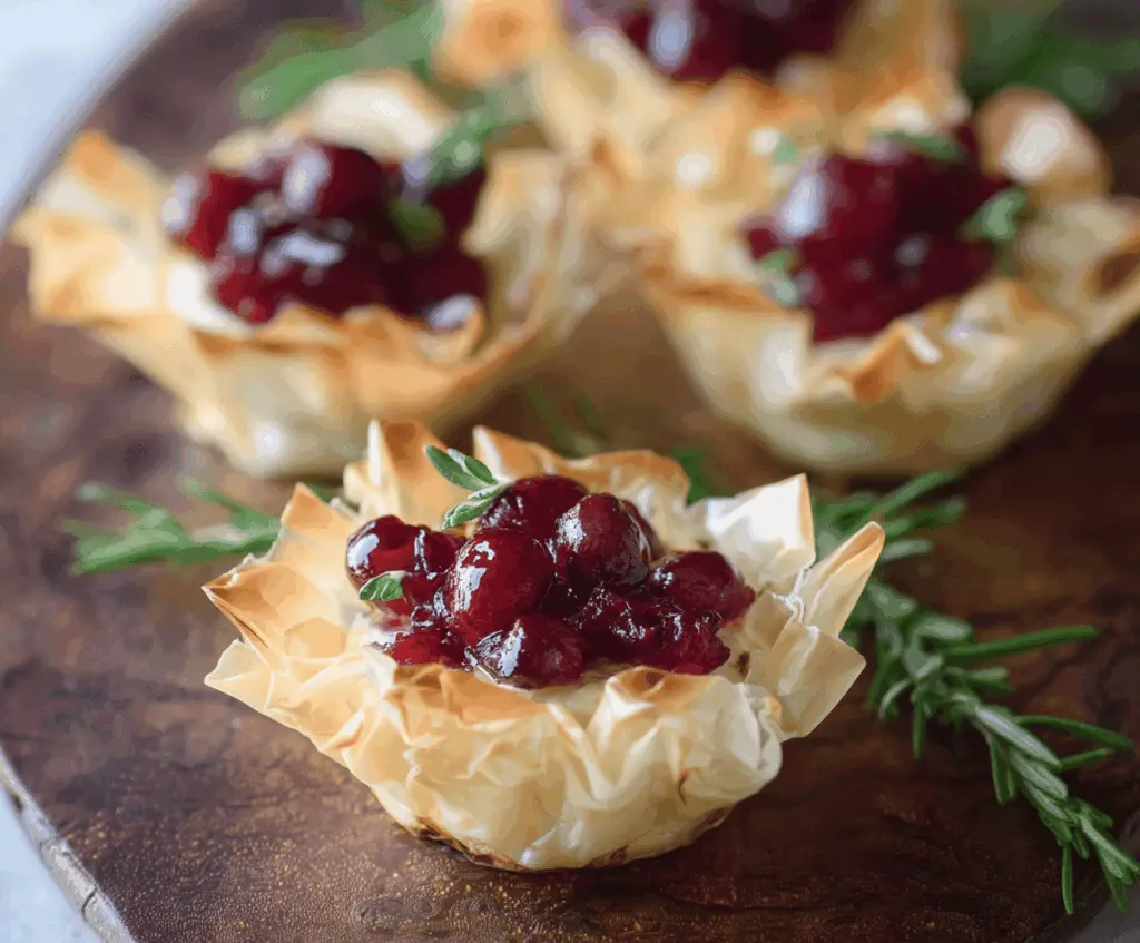 Delicious Brie Cranberry Phyllo Cups served as a festive appetizer with creamy cheese and tart cranberries.
