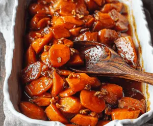 Delicious brown sugar candied yams served on a festive plate garnished with cinnamon.