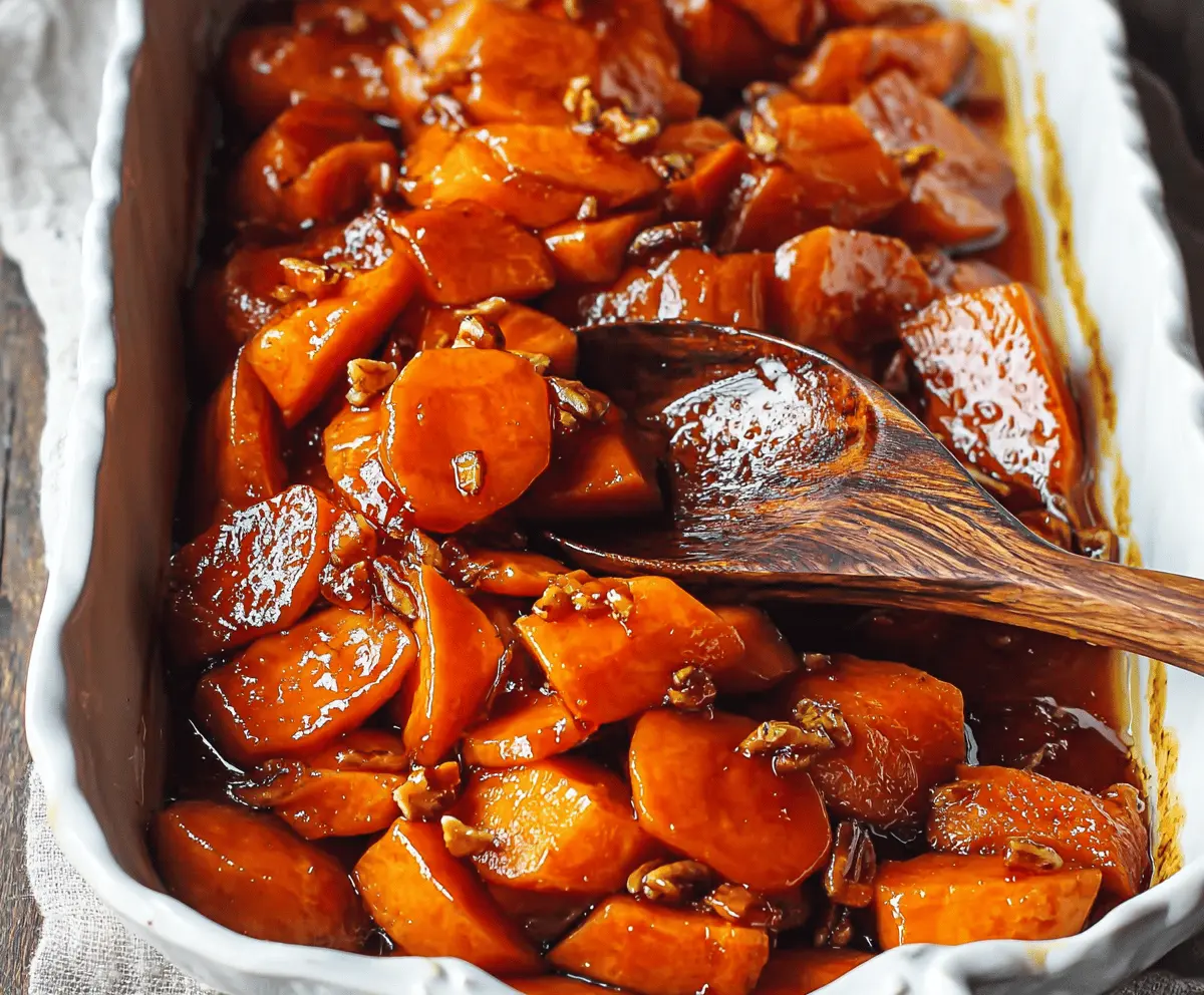 Delicious brown sugar candied yams served on a festive plate garnished with cinnamon.