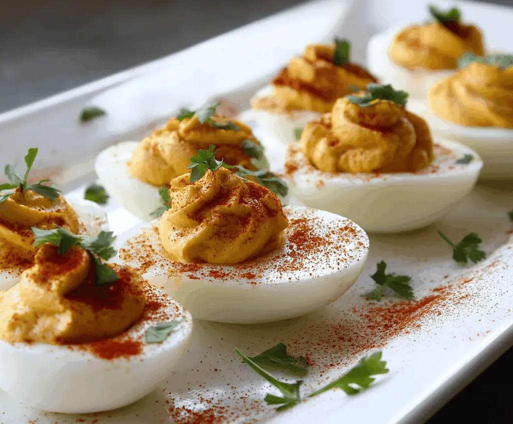 Spicy Cajun deviled eggs garnished with paprika and chopped herbs on a white plate