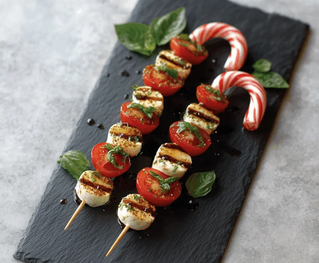 Colorful Candy Cane Caprese Skewers with fresh mozzarella, basil, and red and green candies for festive holiday appetizer.