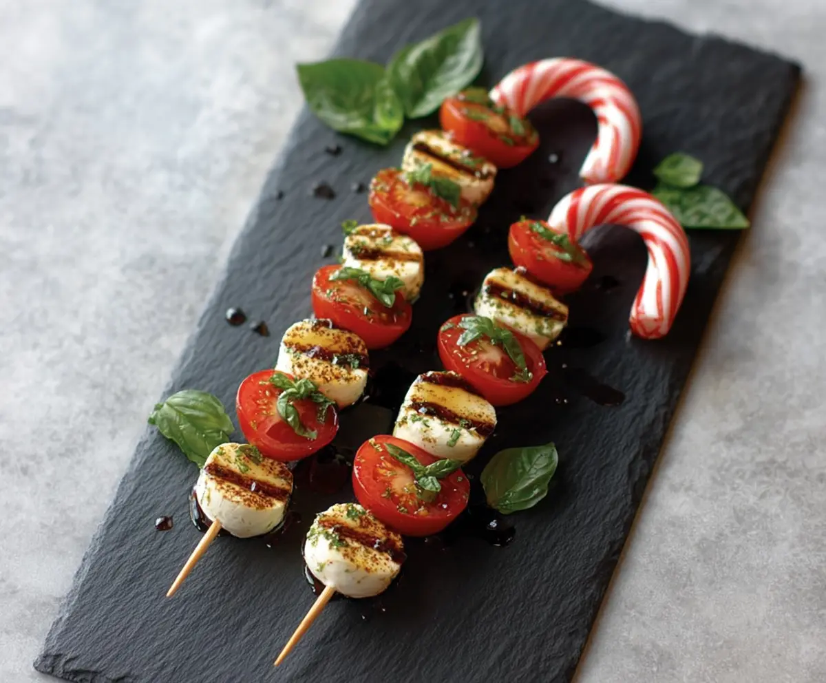 Colorful Candy Cane Caprese Skewers with fresh mozzarella, basil, and red and green candies for festive holiday appetizer.