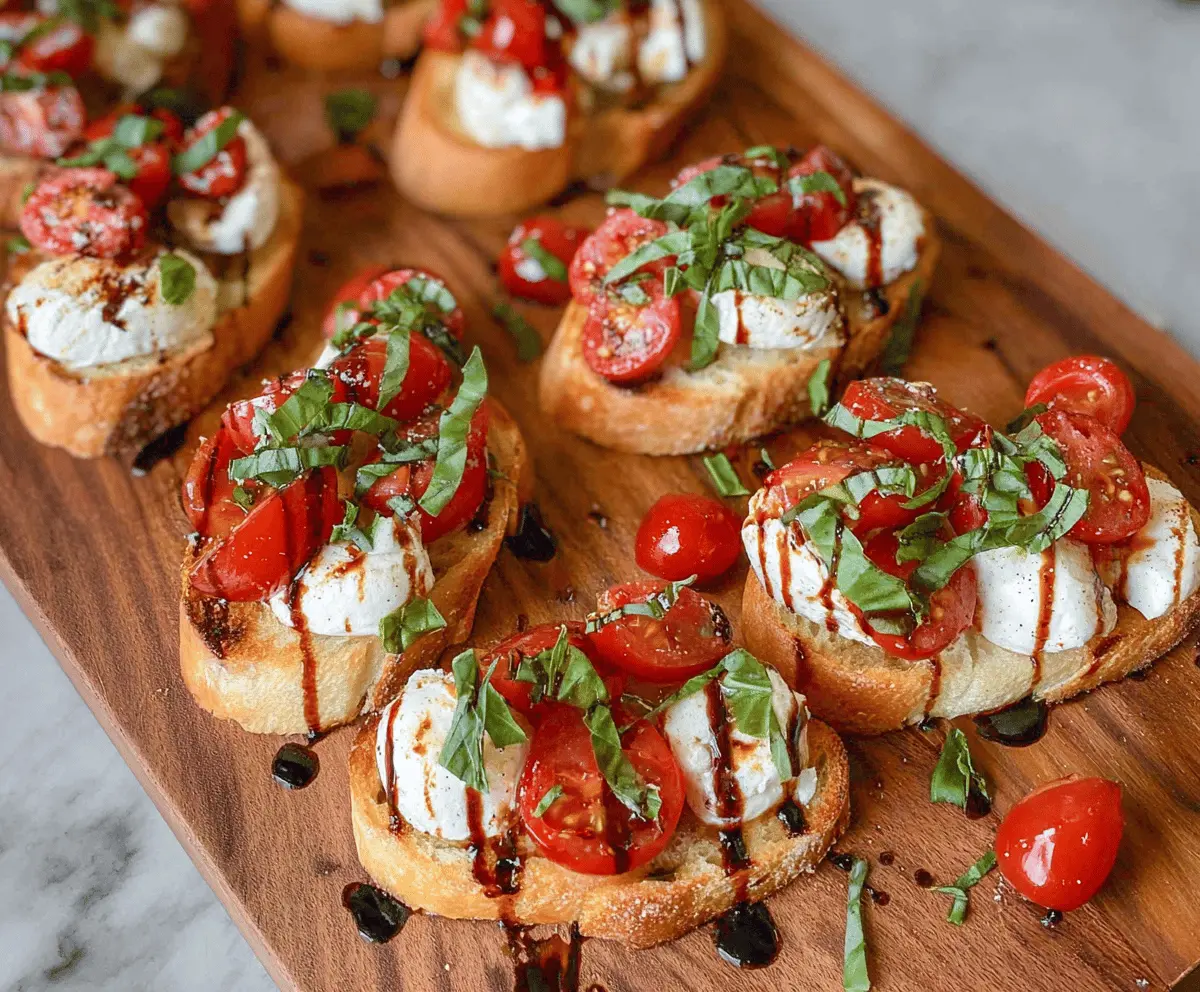 Delicious Caprese Bruschetta featuring fresh tomatoes, basil, mozzarella cheese, and a drizzle of balsamic glaze on toasted bread.