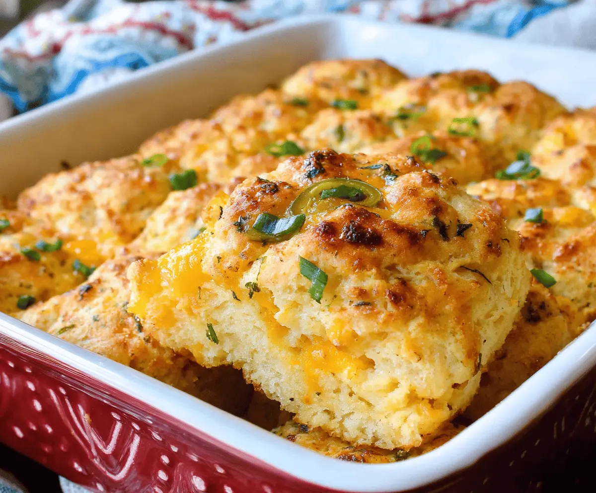 Delicious Cheddar Bay Biscuit and Egg Casserole topped with melted cheese and fresh herbs.