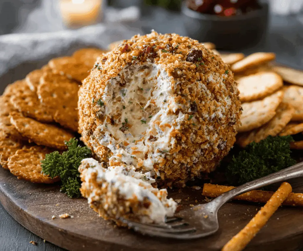 Delicious cheese ball appetizer with creamy interior and savory coating