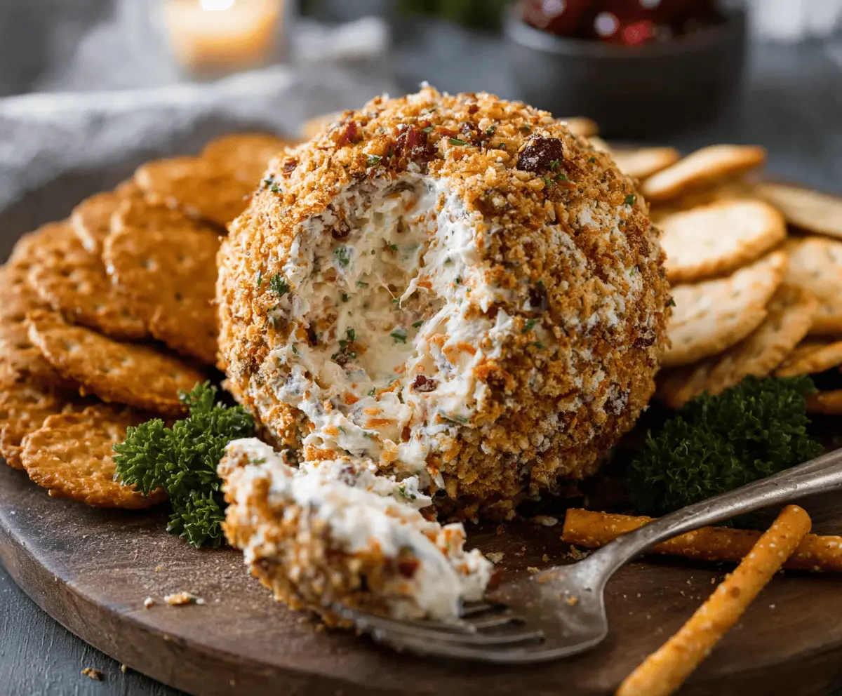 Delicious cheese ball appetizer with creamy interior and savory coating