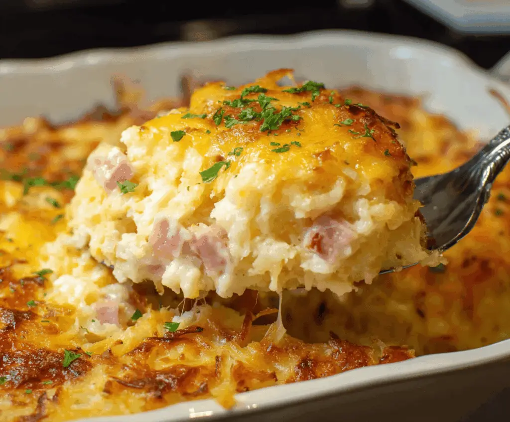 Delicious Cheesy Ham Hashbrown Casserole in a baking dish, topped with melted cheese and crispy ham pieces.