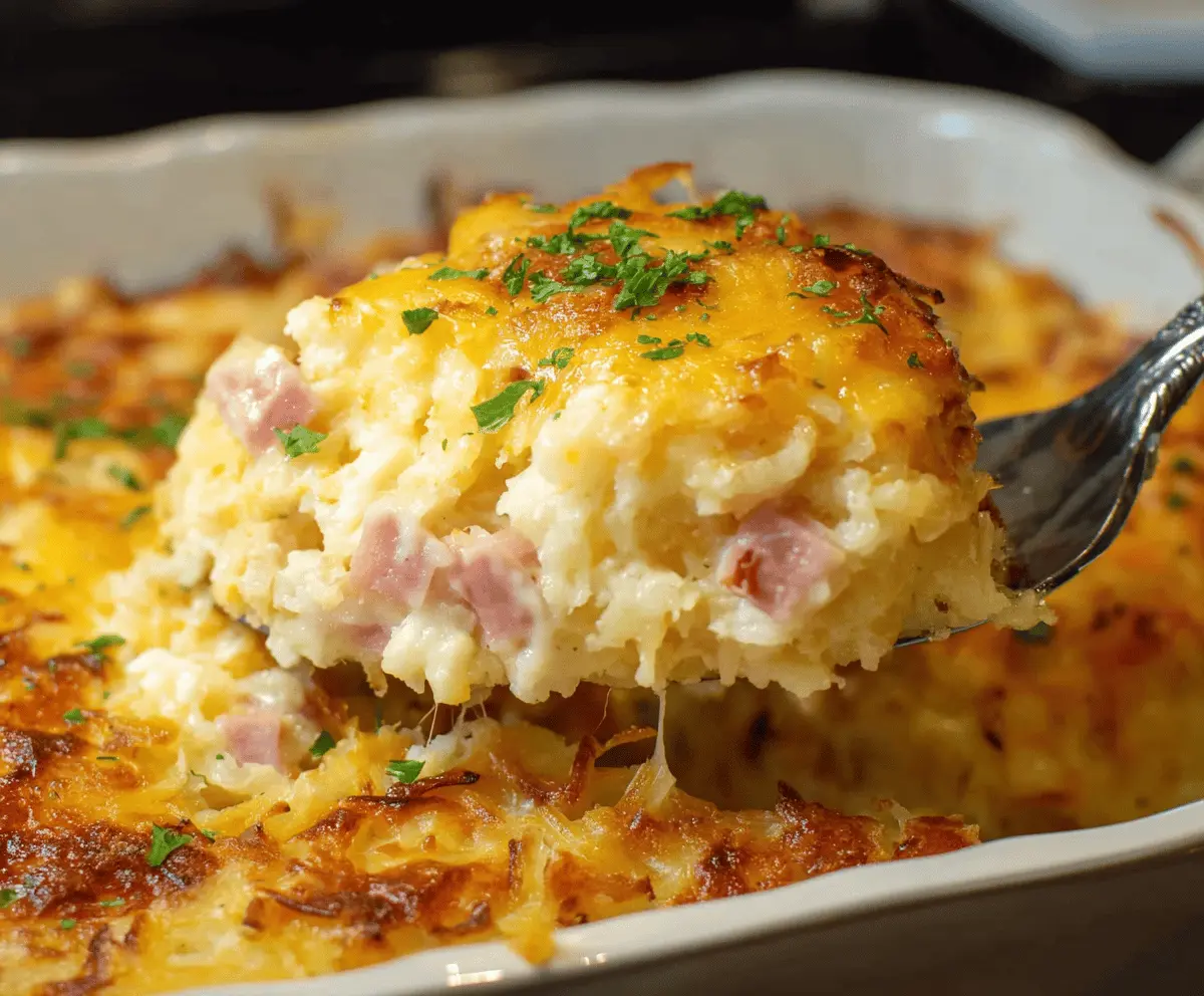 Delicious Cheesy Ham Hashbrown Casserole in a baking dish, topped with melted cheese and crispy ham pieces.