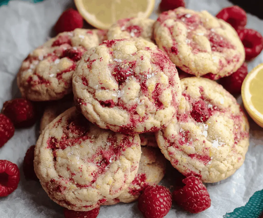 Delicious chewy lemon raspberry cookies fresh out of the oven, showcasing vibrant red raspberries and zesty lemon flavor.