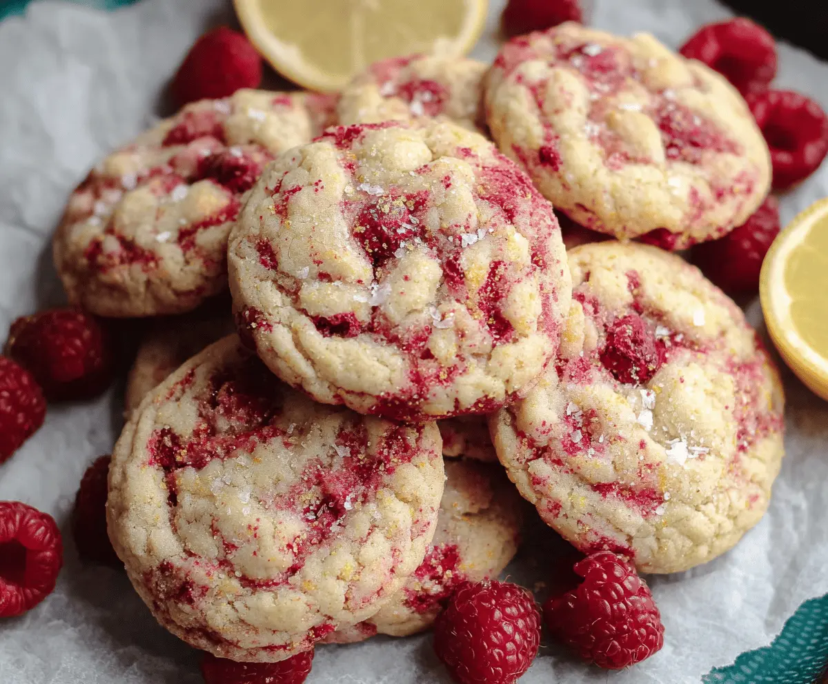 Delicious chewy lemon raspberry cookies fresh out of the oven, showcasing vibrant red raspberries and zesty lemon flavor.