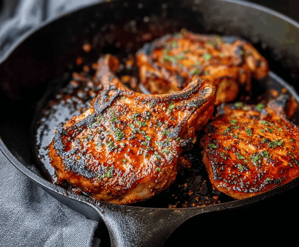 Juicy chipotle glazed pork chops garnished with cilantro and lime on a rustic wooden platter.