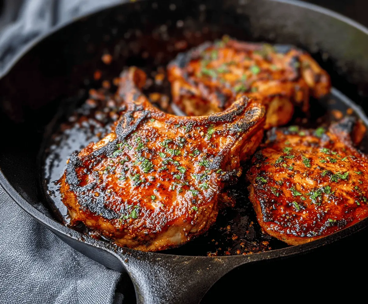 Juicy chipotle glazed pork chops garnished with cilantro and lime on a rustic wooden platter.