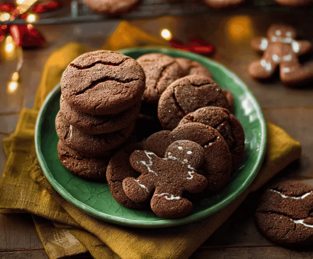 Delicious chocolate gingerbread cookies with a festive holiday appearance.