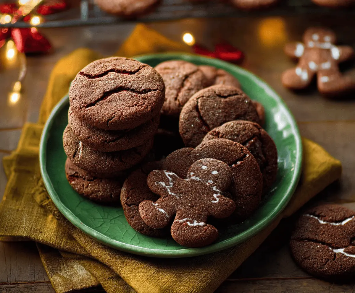 Delicious chocolate gingerbread cookies with a festive holiday appearance.