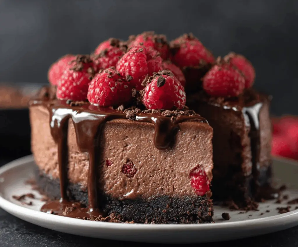 Delicious chocolate raspberry cheesecake garnished with fresh raspberries and dark chocolate shavings