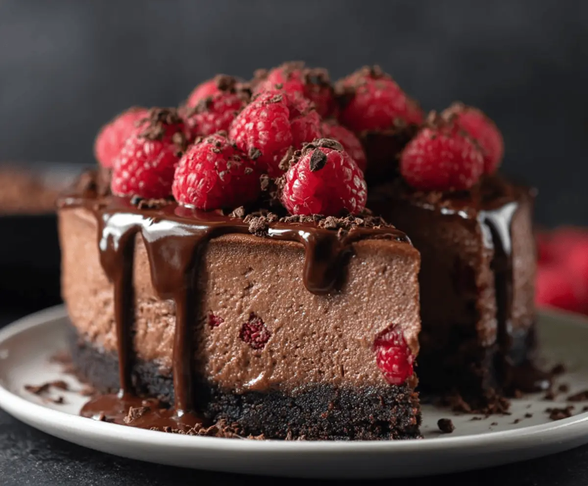Delicious chocolate raspberry cheesecake garnished with fresh raspberries and dark chocolate shavings