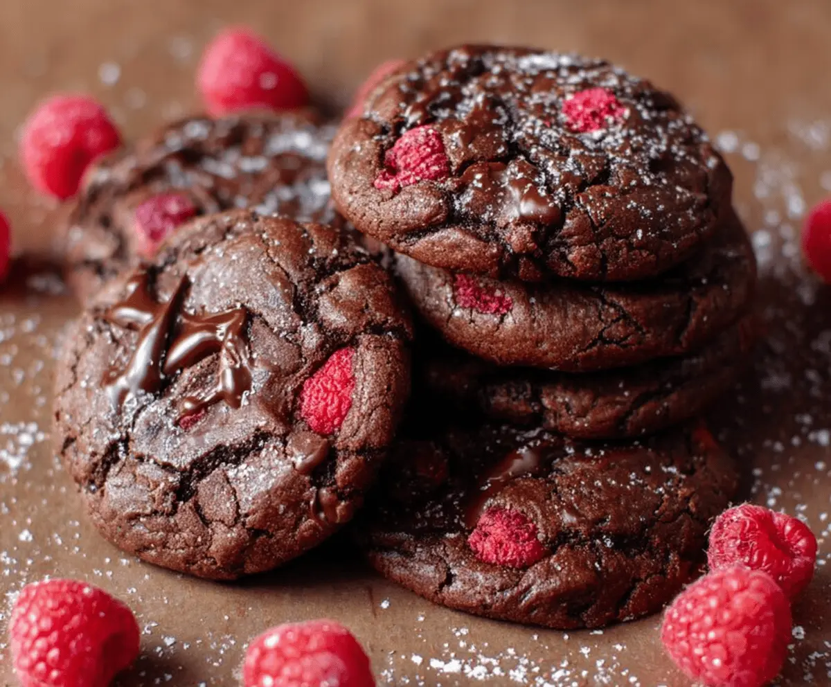 Delicious chocolate raspberry cookies with glossy chocolate coating and fresh raspberry garnish.