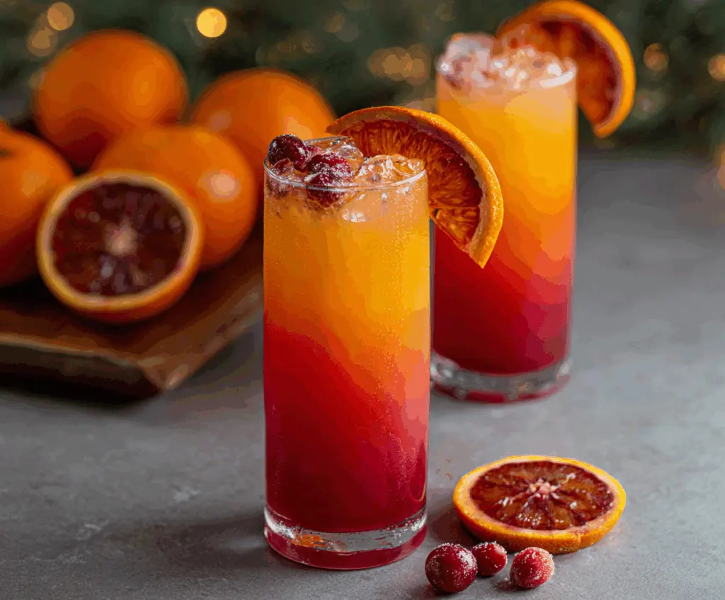 Festive Christmas Tequila Sunrise cocktail in a glass with grenadine and orange juice garnished with a cherry