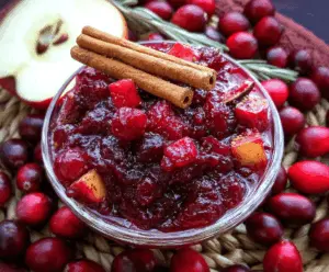 Homemade cinnamon apple cranberry sauce served in a bowl, perfect for holiday dinners.