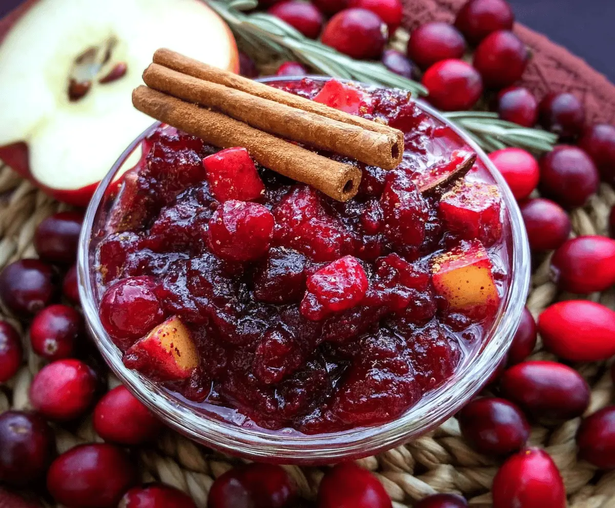Homemade cinnamon apple cranberry sauce served in a bowl, perfect for holiday dinners.