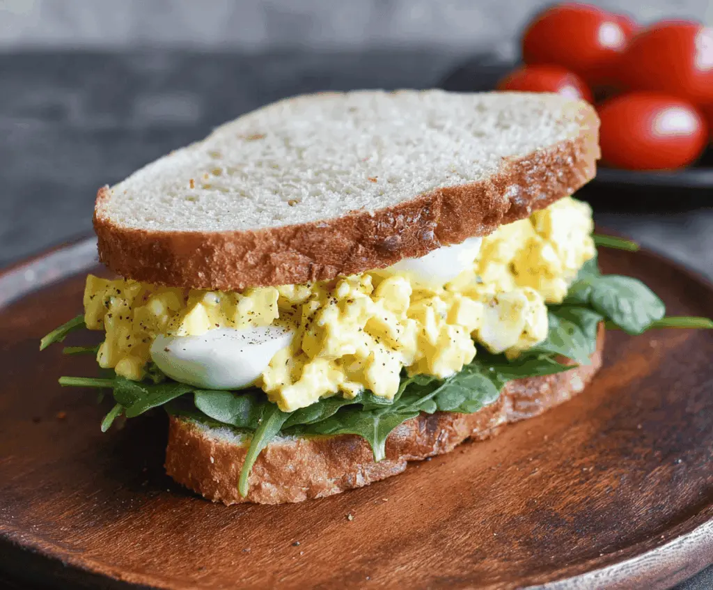Delicious classic egg salad sandwich on whole wheat bread, perfect for a quick lunch.