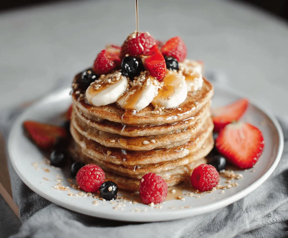 Fluffy cottage cheese protein pancakes topped with fresh berries on a breakfast plate.