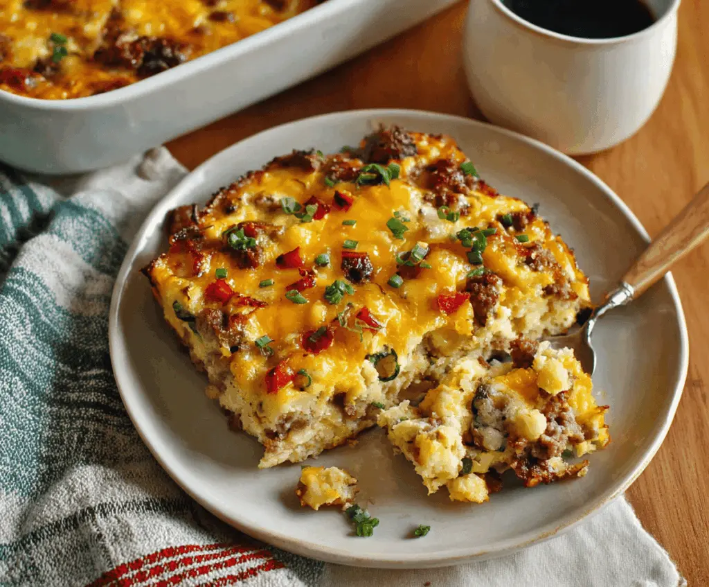 Delicious Cowboy Breakfast Casserole with eggs, sausage, and cheese served in a baking dish.