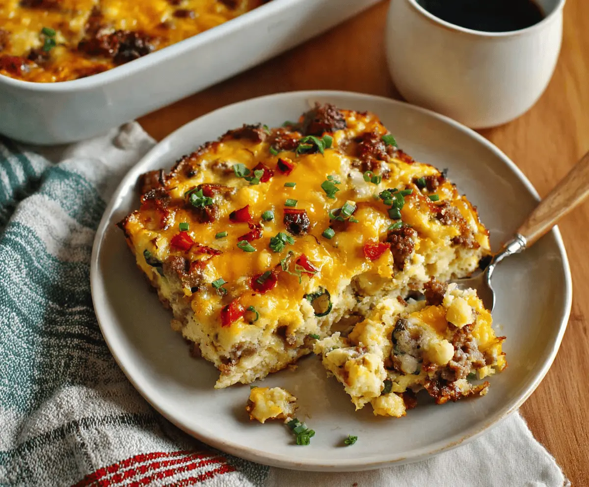 Delicious Cowboy Breakfast Casserole with eggs, sausage, and cheese served in a baking dish.