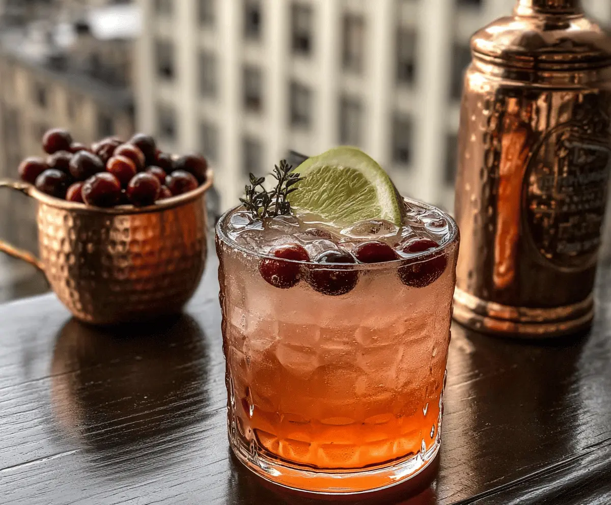 Refreshing Cranberry Bourbon Mule cocktail with fresh cranberries and mint garnish.