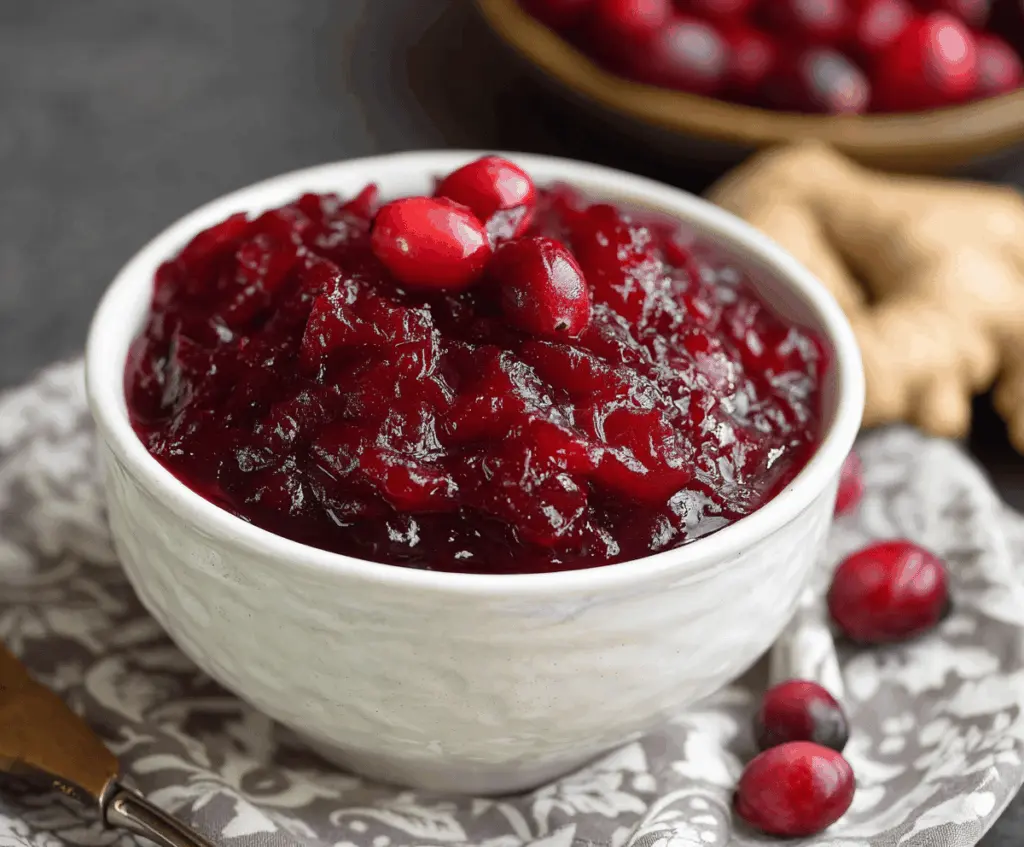 Fresh cranberry ginger sauce served in a bowl, perfect for holiday desserts and roast meats.