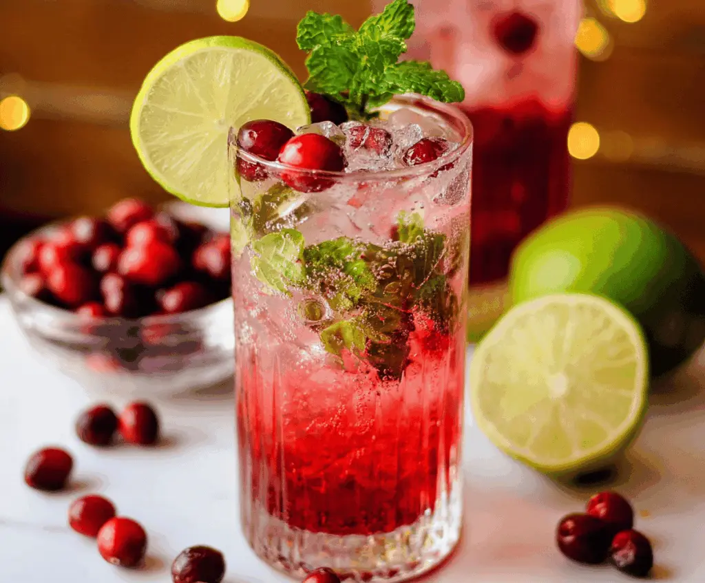 Refreshing cranberry mint mojito cocktail with fresh mint and cranberry garnishes