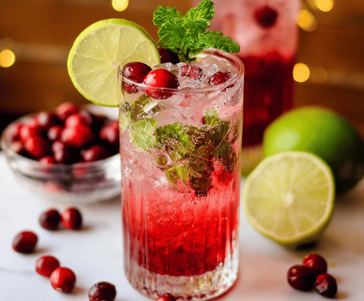 Refreshing cranberry mint mojito cocktail with fresh mint and cranberry garnishes
