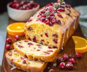 Homemade cranberry orange bread sliced on a wooden cutting board with fresh cranberries and orange slices.