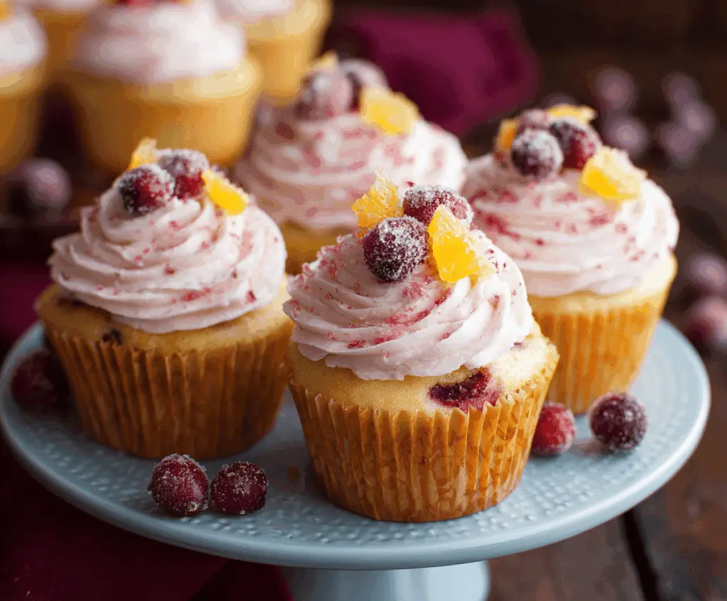 Delicious cranberry orange cupcakes topped with orange zest and fresh cranberries, ideal for holiday desserts.