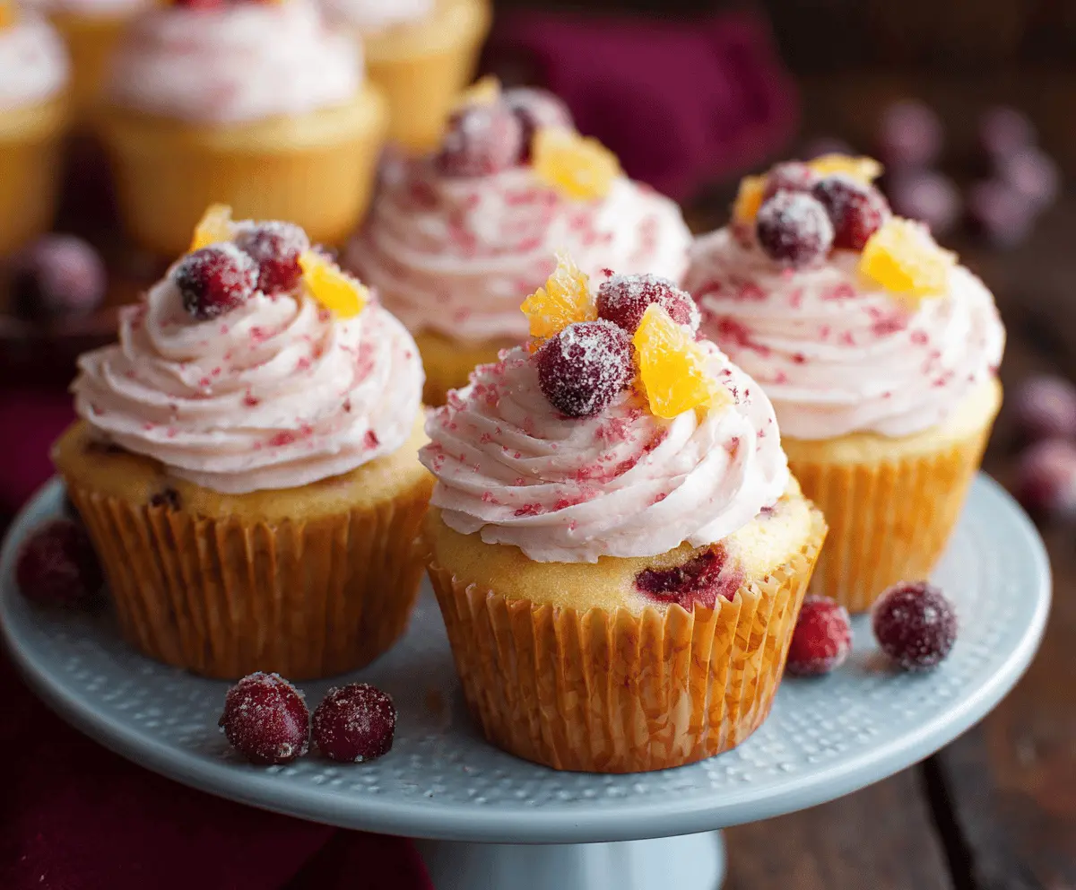 Delicious cranberry orange cupcakes topped with orange zest and fresh cranberries, ideal for holiday desserts.