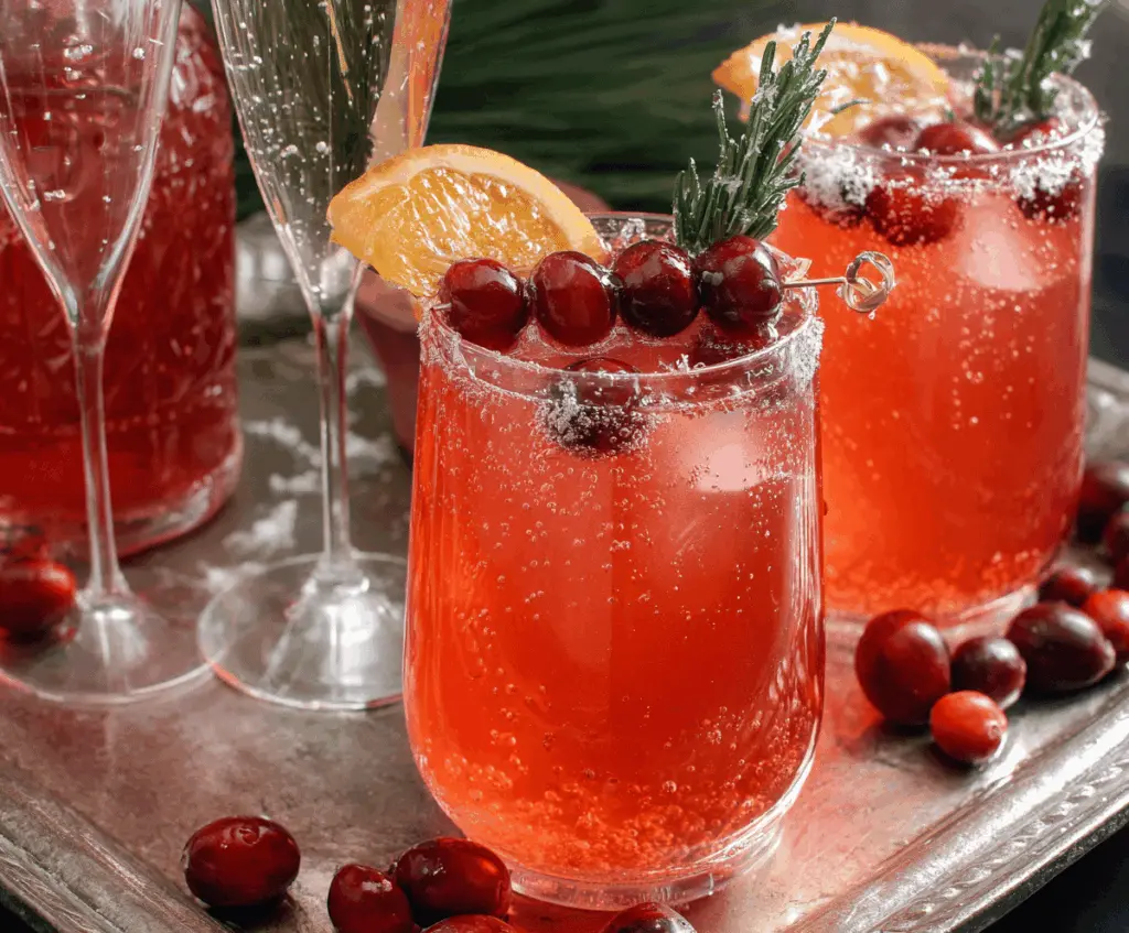 Glass of Cranberry Prosecco Cocktail garnished with fresh cranberries and a sprig of mint on a stylish table.