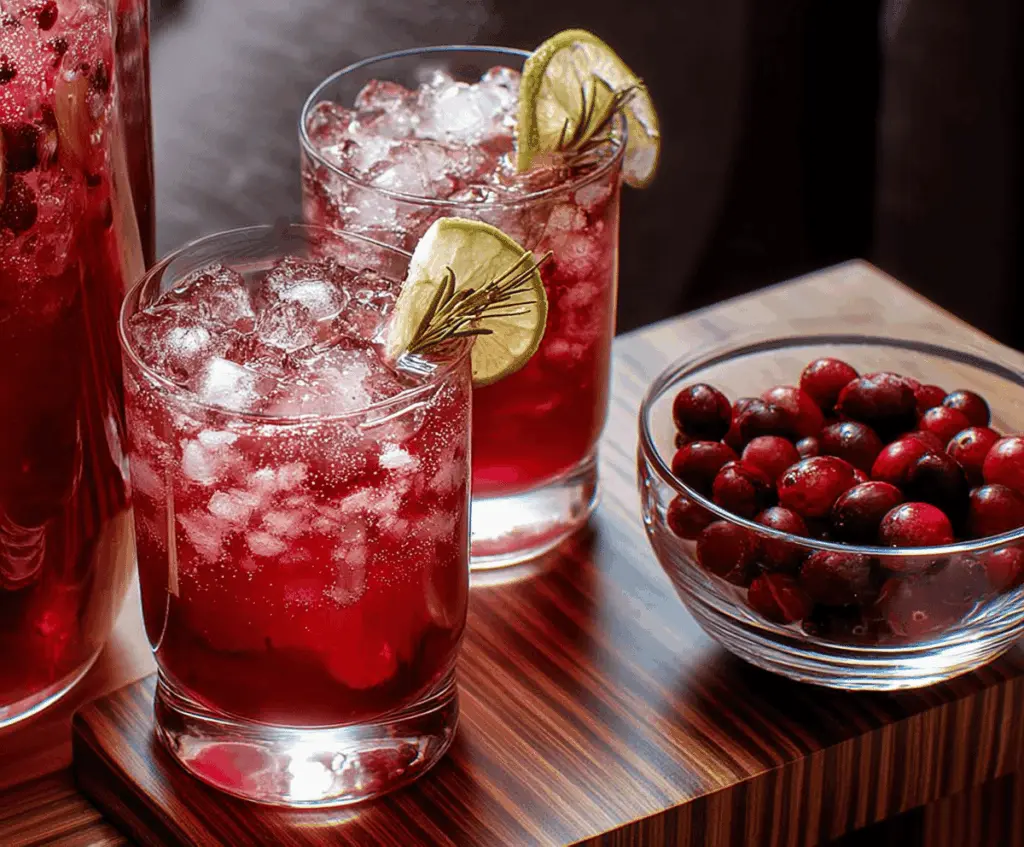 Refreshing cranberry rum punch served in a glass with fresh cranberries and mint garnish.