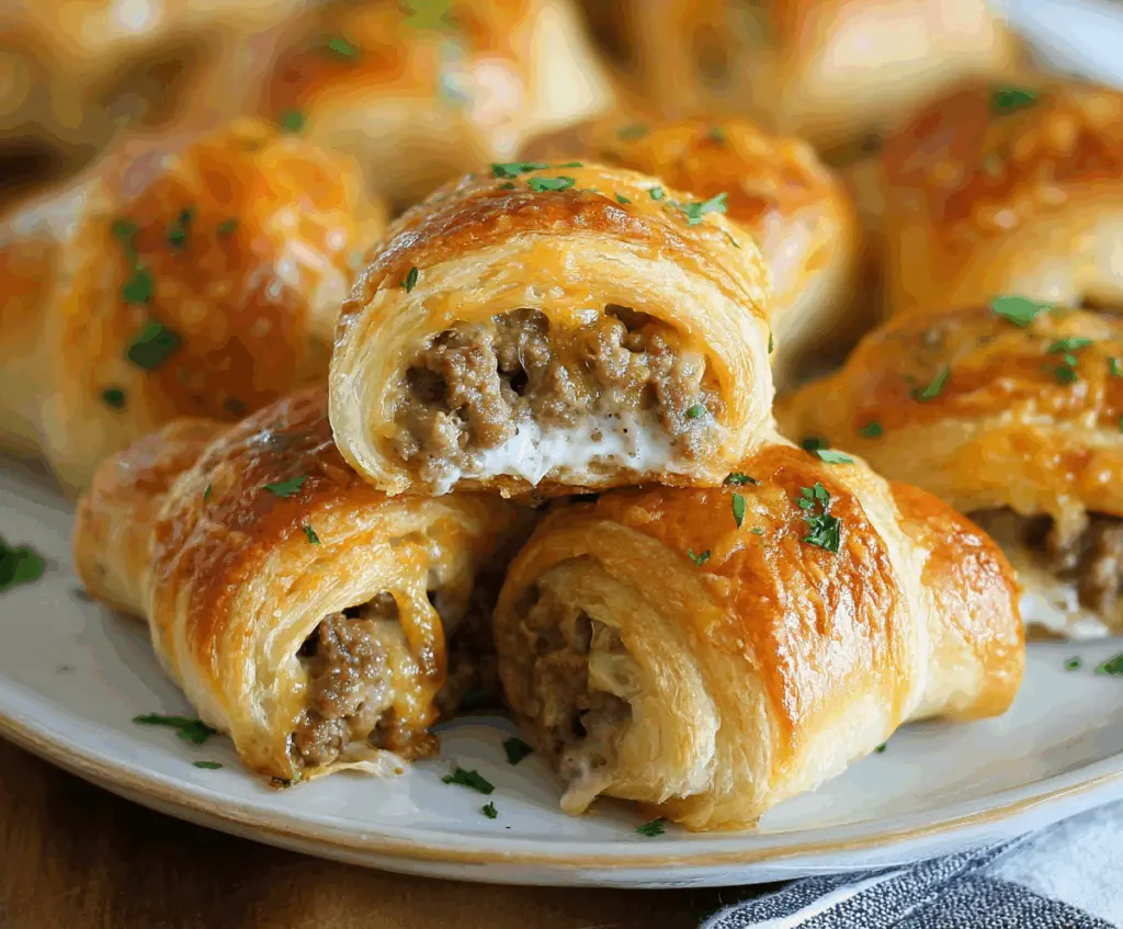 Delicious creamy sausage-stuffed crescent rolls served on a plate, perfect for a savory snack or appetizer.