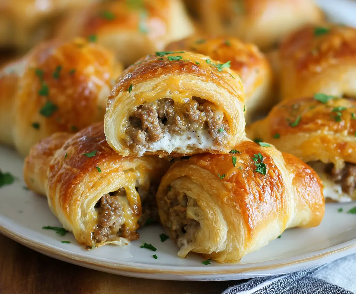 Delicious creamy sausage-stuffed crescent rolls served on a plate, perfect for a savory snack or appetizer.