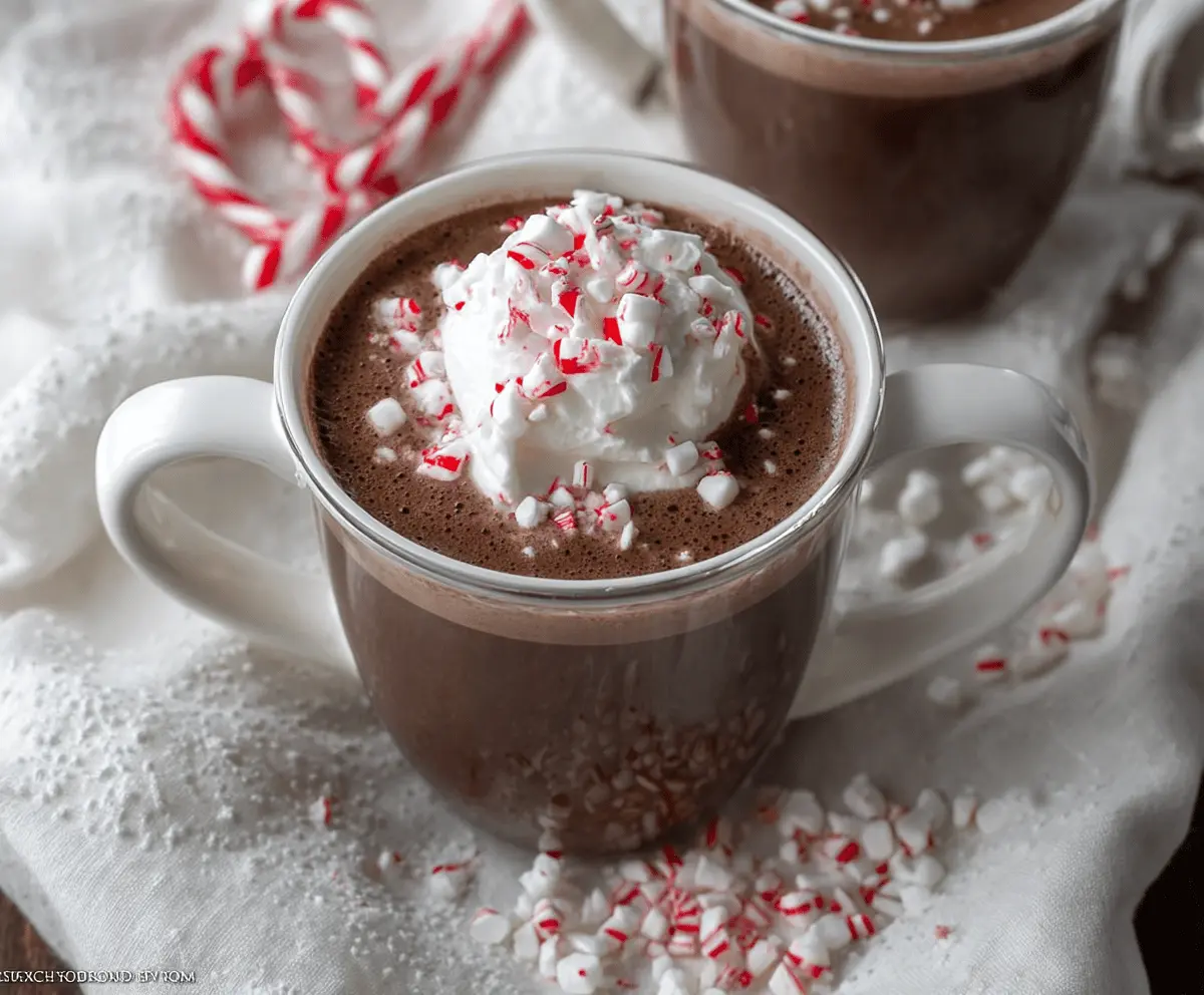 Warm and cozy Crockpot Peppermint Hot Chocolate in a festive mug topped with whipped cream and peppermint candies.