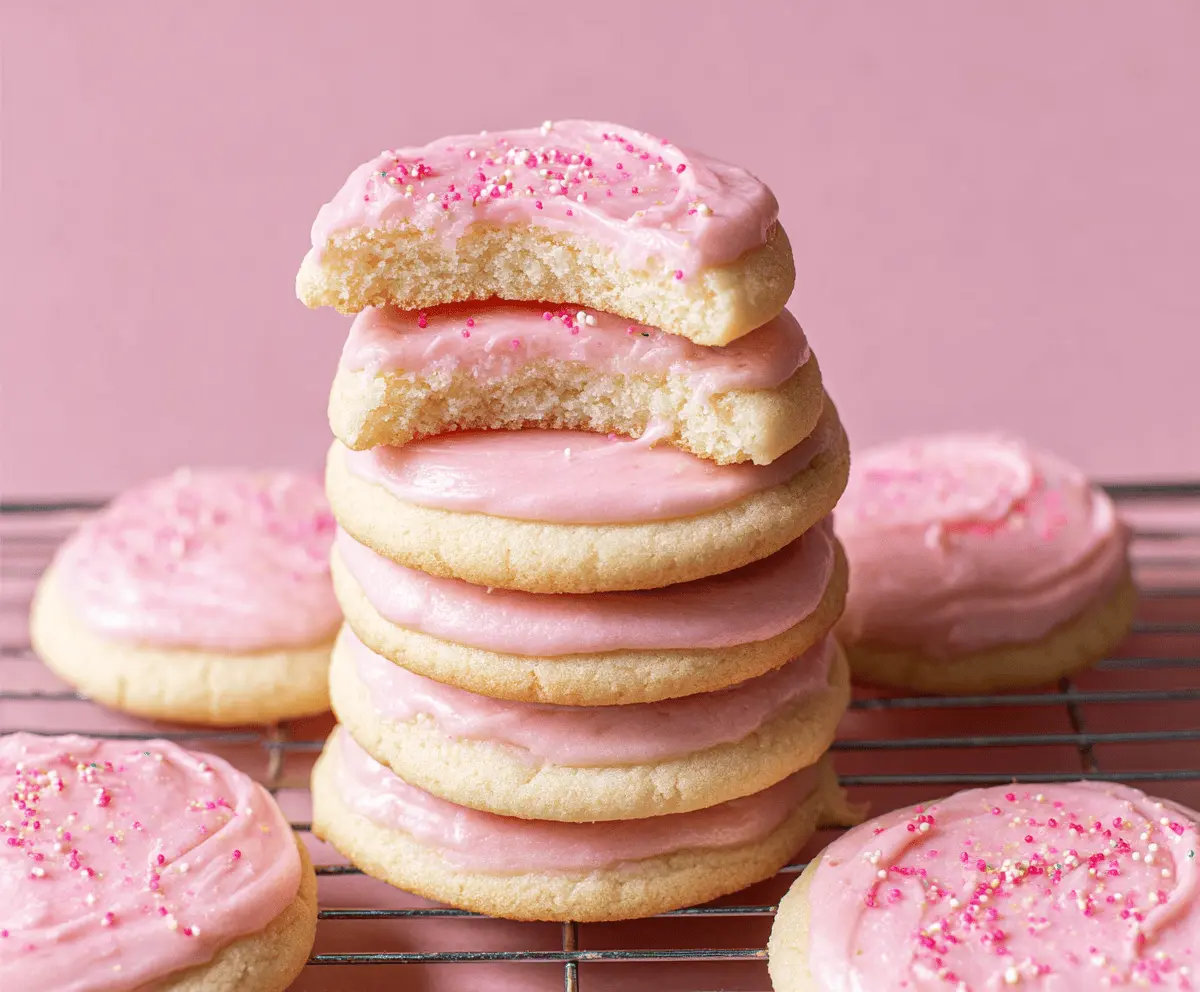 Delicious Crumbl Pink Chilled Sugar Cookies on a plate, showcasing their soft, pink, and sugary exterior.