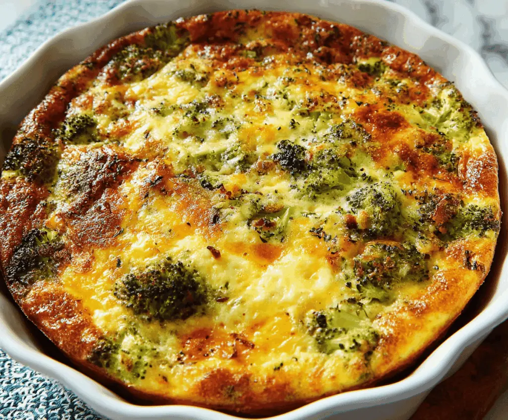 Delicious crustless quiche with fluffy eggs, vegetables, and melted cheese on a white plate.