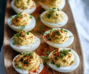Delicious deviled eggs with smooth mustard filling on a serving platter