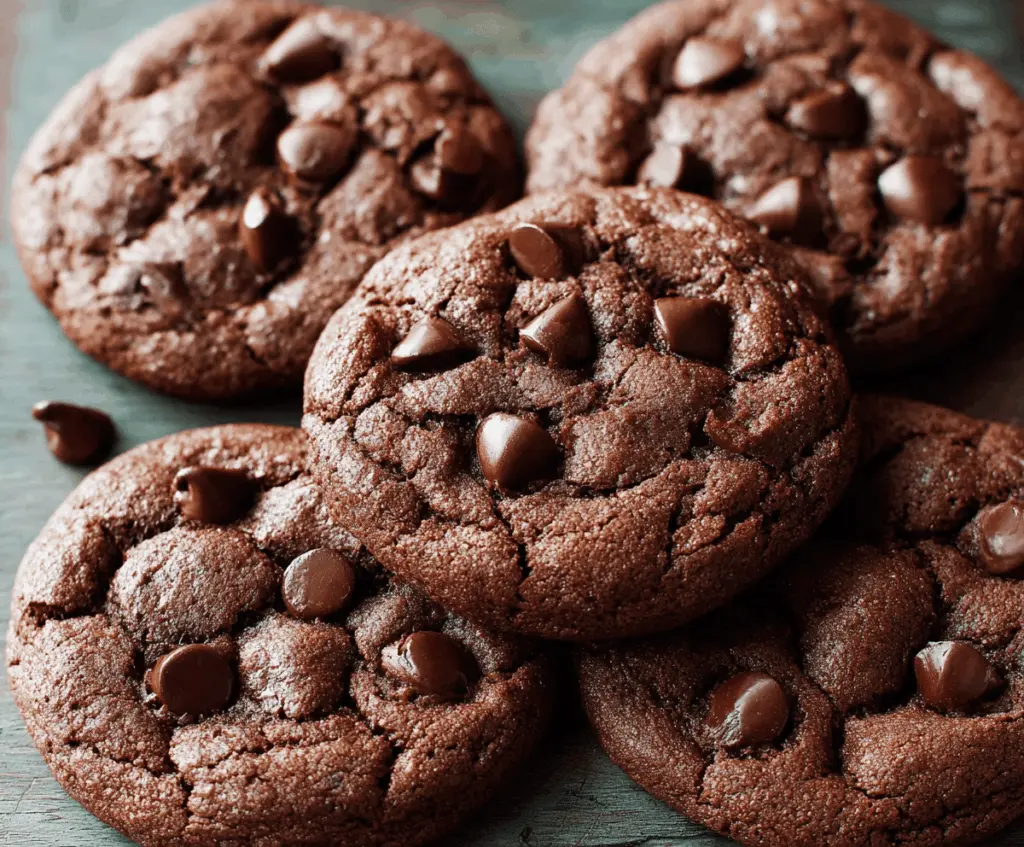 Delicious double chocolate chip cookies fresh out of the oven with gooey chocolate chips.